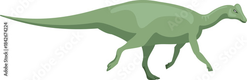 A green dinosaur is walking across a white background