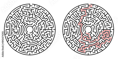 Detailed maze design showcases a complex circular labyrinth with sharp contrast and clear paths. The intricate puzzle emphasizes logic and problem solving, drawing the viewer into its structured chall