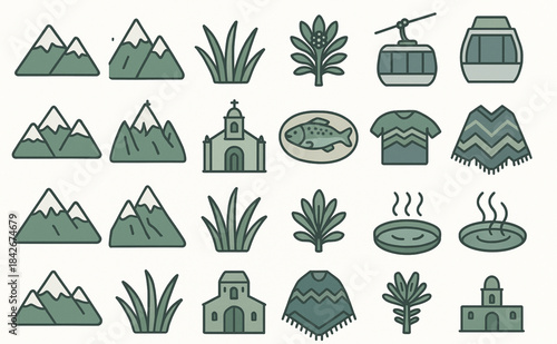 Venezuelan Andes icons in flat vector grid with muted natural palette on white background