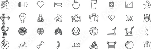 Fitness & Body Anatomy. Line icon set of workout, health, nutrition, sports, training, muscles, and body care illustration
