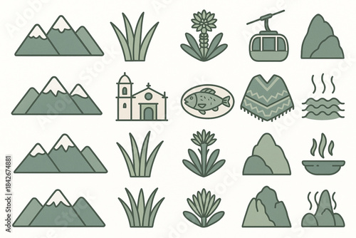 Venezuelan Andes icons in flat vector grid with muted natural palette on white background