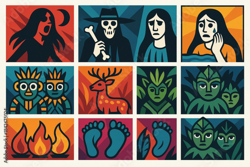 Venezuelan folklore icons in flat decorative vector grid with dramatic geometric palette on white background