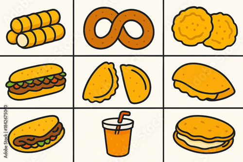 Venezuelan street food icons in flat vivid vector grid with bright appetizing palette on white background