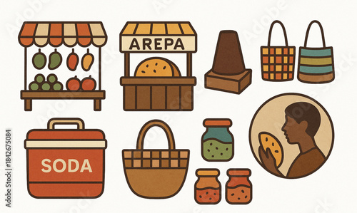 Venezuelan street market icons in flat handmade vector grid with rustic organic palette on white background