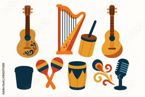 Venezuelan folk instrument icons in flat colorful vector grid with bright cultural palette on white background