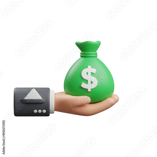 Hand holding green money bag with dollar sign representing financial gain and wealth transparent background
