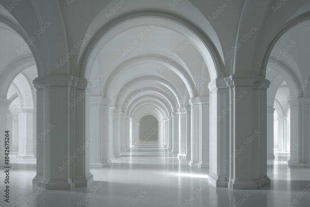 Naklejka premium A long hall with white columns and arched ceilings. The architecture is symmetrical, and the floor is shiny reflecting light. Clean and peaceful.