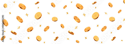 3d flying golden coins with percent sign with stars. Horizontal banner. Stock vector illustration on isolated background.