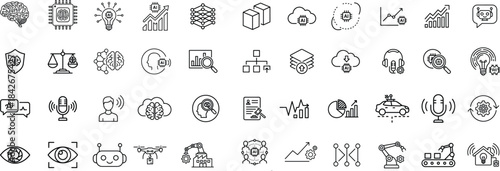 Ai and machine learning vector illustration icons set, neural network elements, robotics automation, cloud computing, prediction models, smart algorithms and artificial intelligence technology
