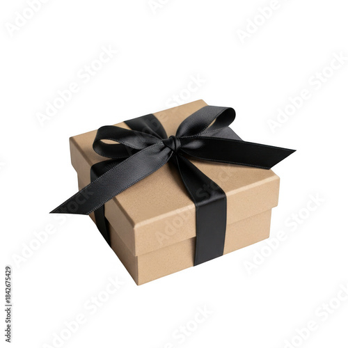 Elegant kraft paper gift box tied with a luxurious black satin ribbon transparent background