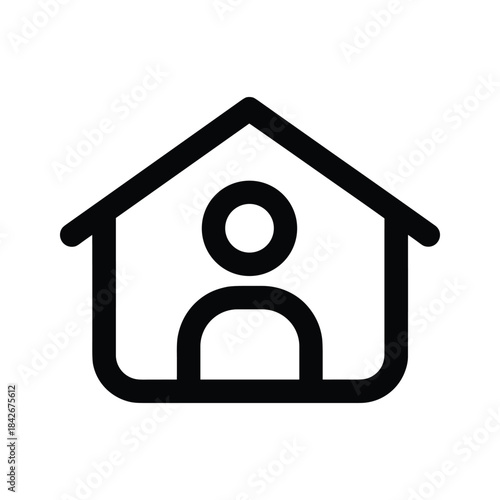 Simple outline icon representing a person inside a house, isolated on