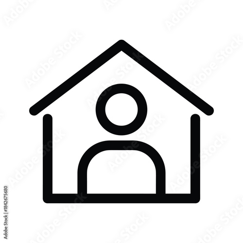 Simple line icon representing a person inside a house, isolated on