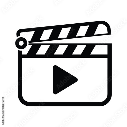 Black and white icon of a clapperboard with a play button inside