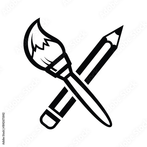 Crossed paintbrush and pencil icon isolated on