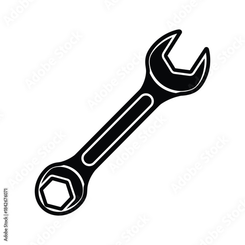A black and white illustration of a combination wrench isolated on