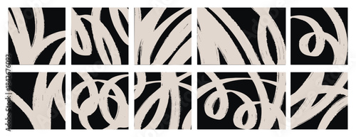 Minimalistic black doodle abstract background, hand drawn sketch collection of curves, lines, pattern shapes, stripes, freehand monochrome pastel geometric vector template, isolated light gray