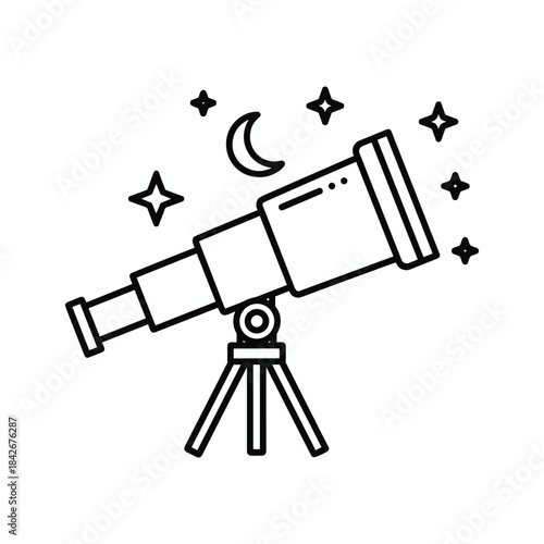 Telescope gazing at the night sky with stars and moon