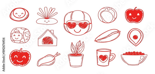 Playful hand drawn red doodle set featuring faces fruits flowers and everyday objects on a white background