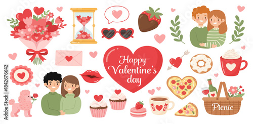Charming valentine s day illustration with hearts flowers sweets and loving couples for romantic celebrations and heartfelt greetings