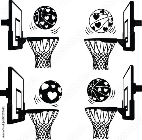 Basketball Hoop and Heart Pattern Ball Silhouettes, Valentine Sports Vector Set