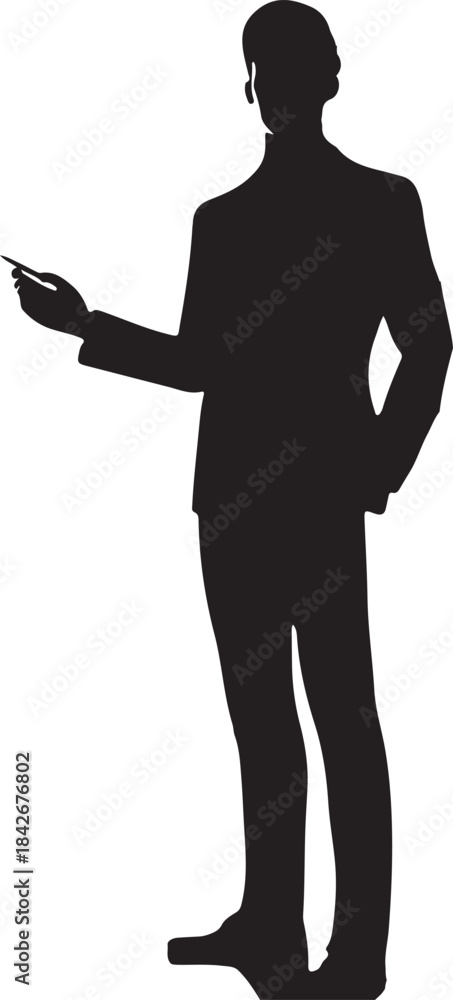 Fototapeta premium Silhouette of a professional in a suit, pointing with a stylus, likely giving a business presentation or speech.