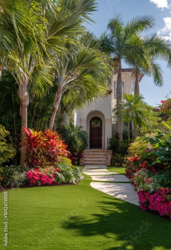 Elegant home exterior with lush landscaping and sunny pathway under blue sky
