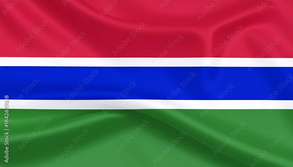 Obraz premium Gambia flag with red, blue, and green horizontal stripes separated by thin white lines.