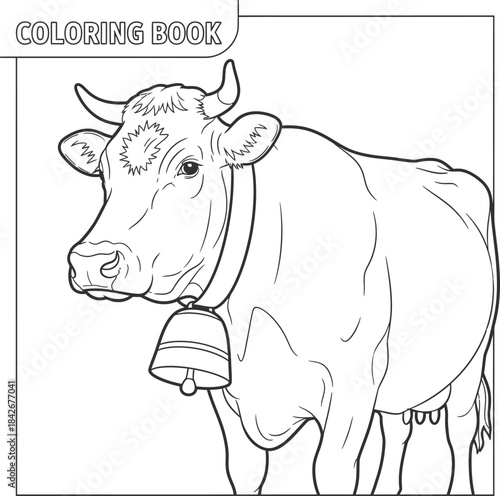 Cow Coloring Book Page with Bell Around Neck