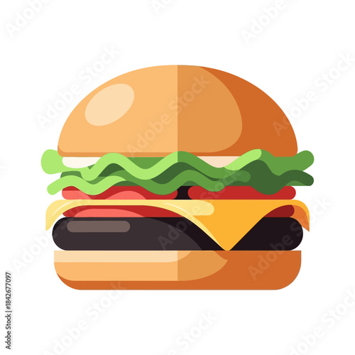 Flat design classic hamburger illustration with cheese, lettuce, and bun.