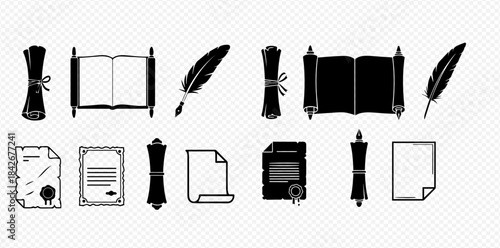 Collection of ancient scrolls, open books, quill pens, and various document icons in black and white.