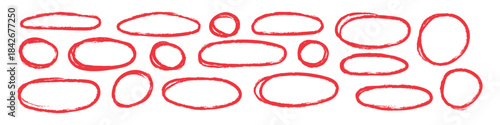 Hand drawn red marker circles and ovals highlighting important text elements. Doodle round shapes symbol. vector illustration.