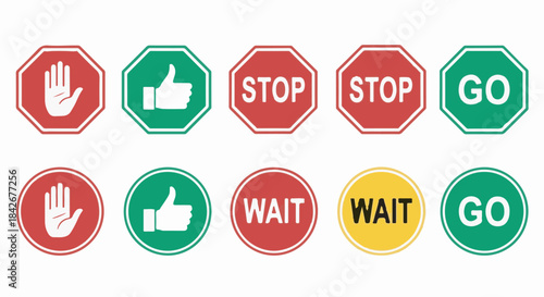 Vector collection of instruction signs and icons including Stop, Go, Wait, Hand Palm, and Thumbs Up symbols isolated on white.