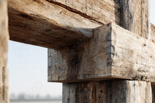 This is a close-up photo capturing the intricate details of a weathered wooden structure, showcasing its texture and aged beauty in natural light.