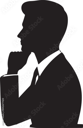 A black silhouette of a thoughtful businessman in a suit, seen in profile, with his hand on his chin, deep in contemplation.