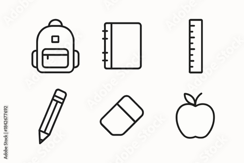 Essential school supplies: backpack, notebook, ruler, pencil, eraser, apple icons