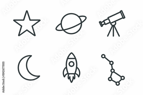 Astronomy icons: star, saturn, telescope, moon, rocket, constellation