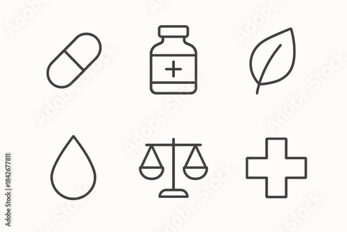 Medical and health symbols: pill, bottle, leaf, water drop, scales, cross icons