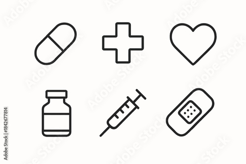 Healthcare icons: medicine, cross, heart, vaccine, syringe, bandage