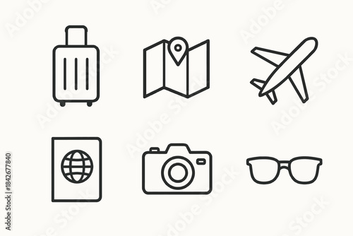Travel essentials: luggage, map, airplane, passport, camera, sunglasses icons