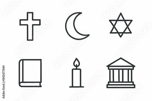 Religious symbols: cross, crescent, star of david, bible, candle, temple icon set