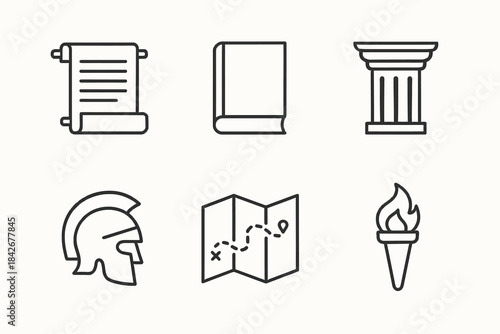 Ancient history icons: scroll, book, column, helmet, map, torch symbols