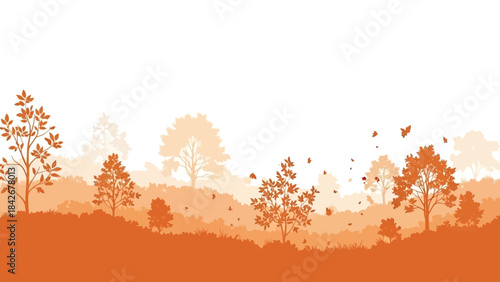 A serene landscape silhouette of trees against a warm orange and peach sunset with birds flying, evoking a sense of thanks and giving in a natural setting.