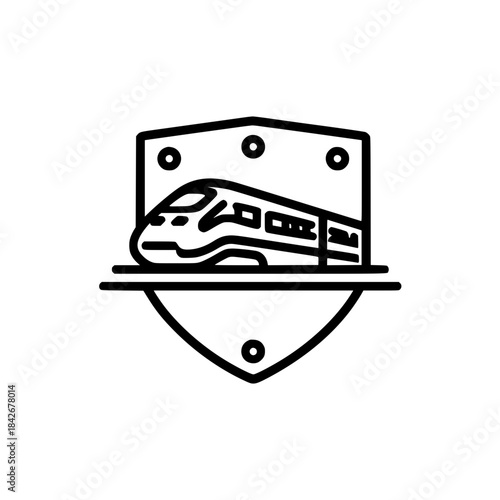 Train illustration inside shield icon representing railway defense and sustainable urban mobility concept