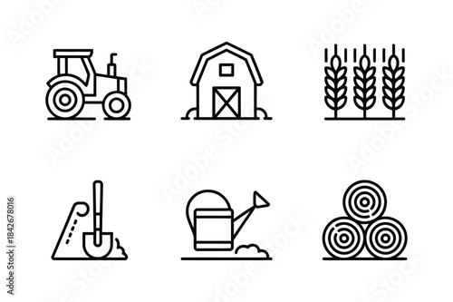 A set of six simple line icons representing various elements of farming and agriculture