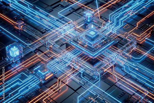 Intricate digital circuit board glowing with blue and orange lights, representing advanced technology and data flow.