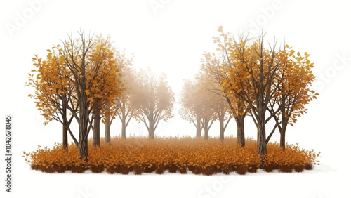 Isolated illustration of trees with yellow leaves on a white background, representing thanks giving in a serene natural setting.