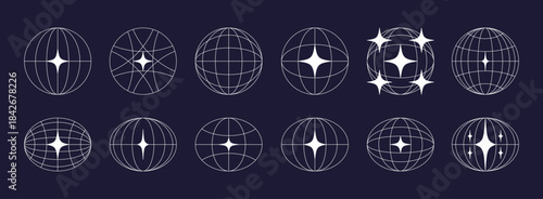 World globe retro grids in oval and round form with stars icons set. earth latitude and longitude line grid. futuristic design elements.