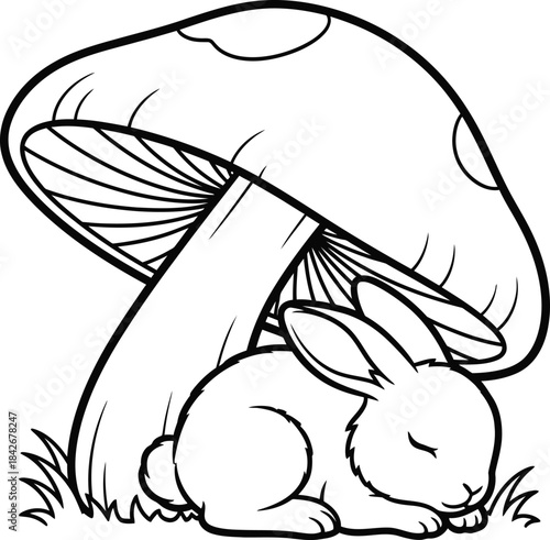 Curious Rabbit Under Mushroom in Forest Scenery