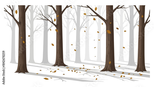 Illustration of a snowy forest with bare trees and scattered orange leaves on the ground, conveying a serene winter thanks giving atmosphere in a natural landscape setting.