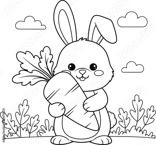 Cute Bunny Rabbit Holding Carrot in Garden Illustration